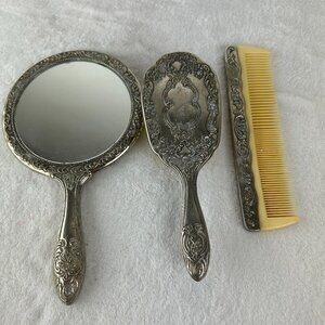 Vintage 3 piece Dresser Vanity Set Silver Plated Mirror, Brush and Comb (heavy)